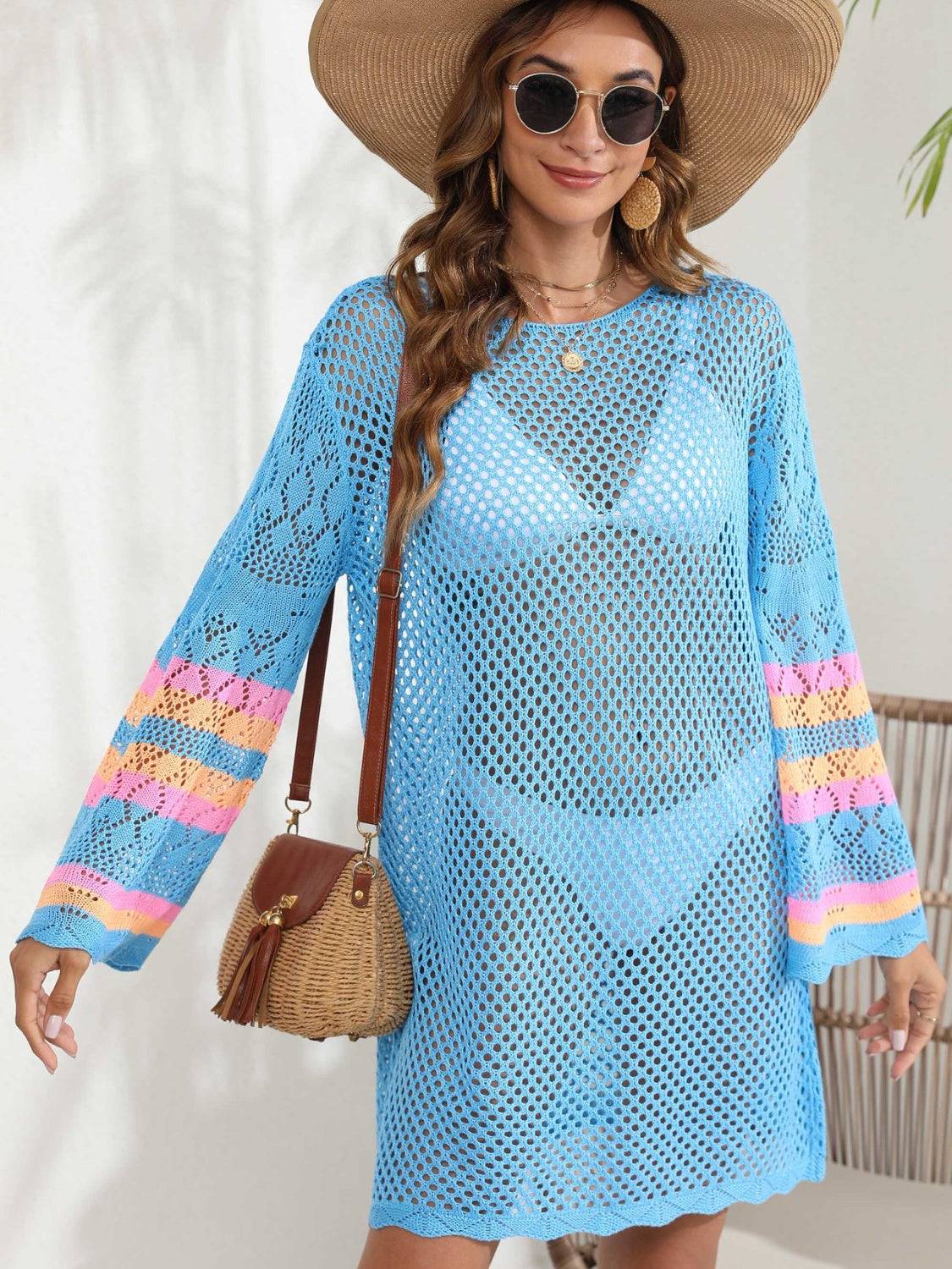 Openwork Contrast Long Sleeve Cover-Up - Sosea Swimwear