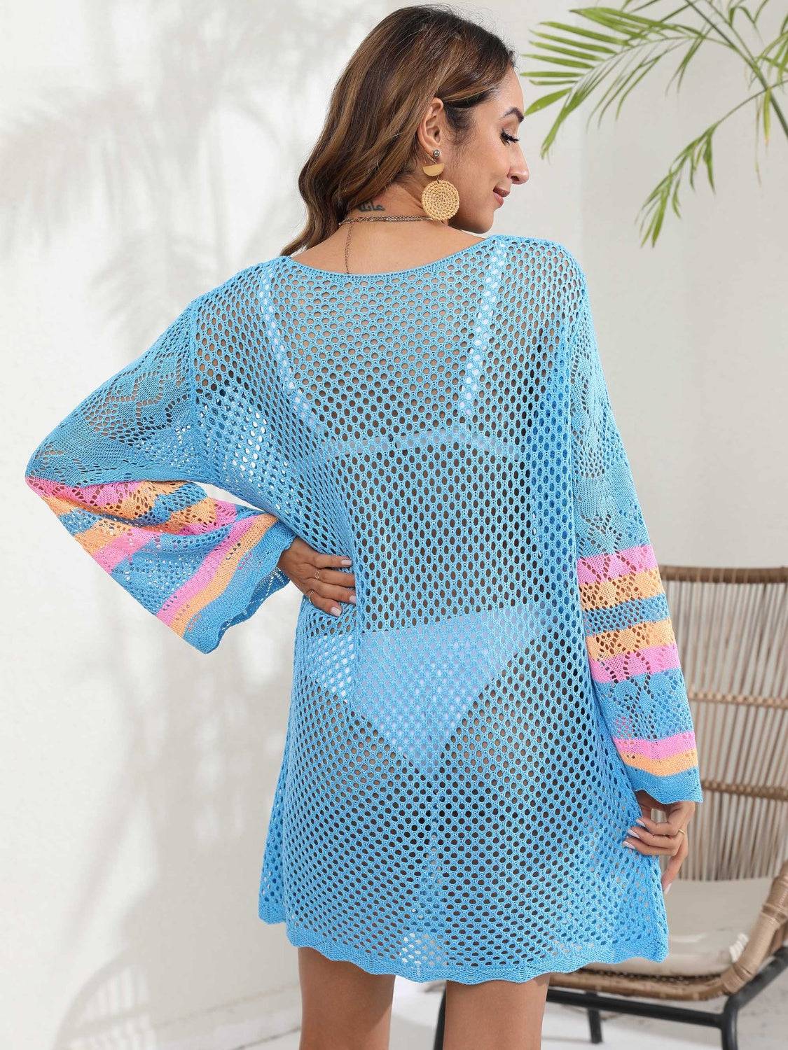 Openwork Contrast Long Sleeve Cover-Up - Sosea Swimwear