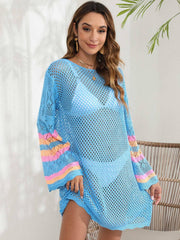 Openwork Contrast Long Sleeve Cover-Up - Sosea Swimwear