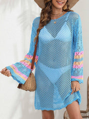 Openwork Contrast Long Sleeve Cover-Up - Sosea Swimwear