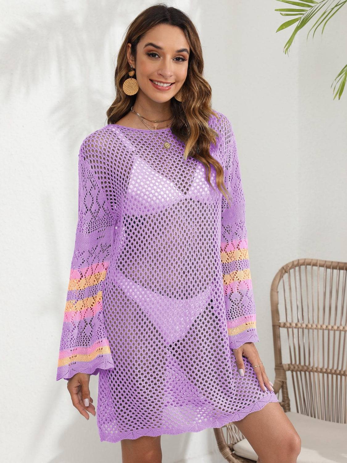 Openwork Contrast Long Sleeve Cover-Up - Sosea Swimwear