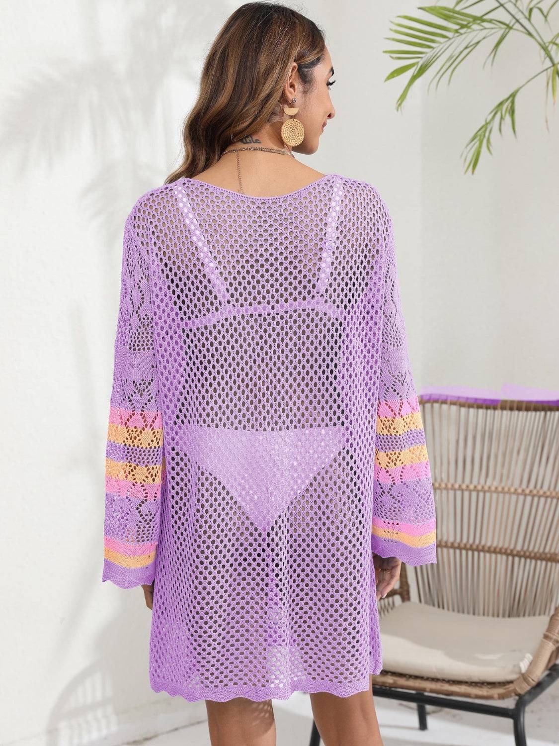 Openwork Contrast Long Sleeve Cover-Up - Sosea Swimwear