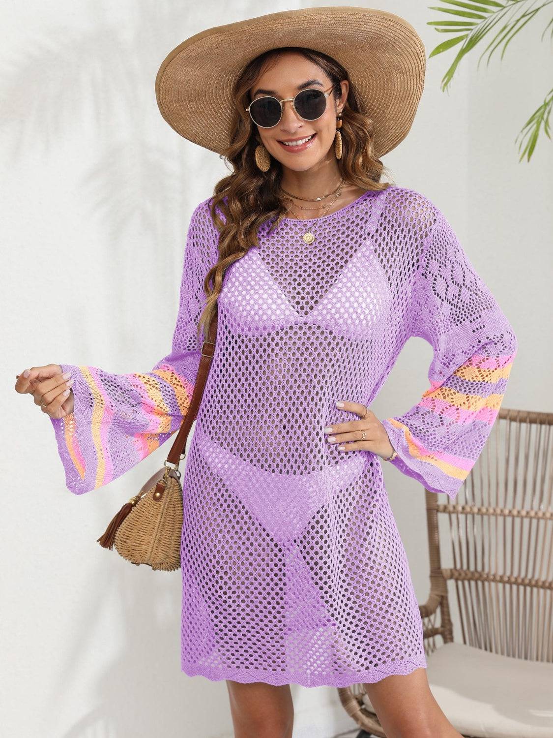 Openwork Contrast Long Sleeve Cover-Up - Sosea Swimwear