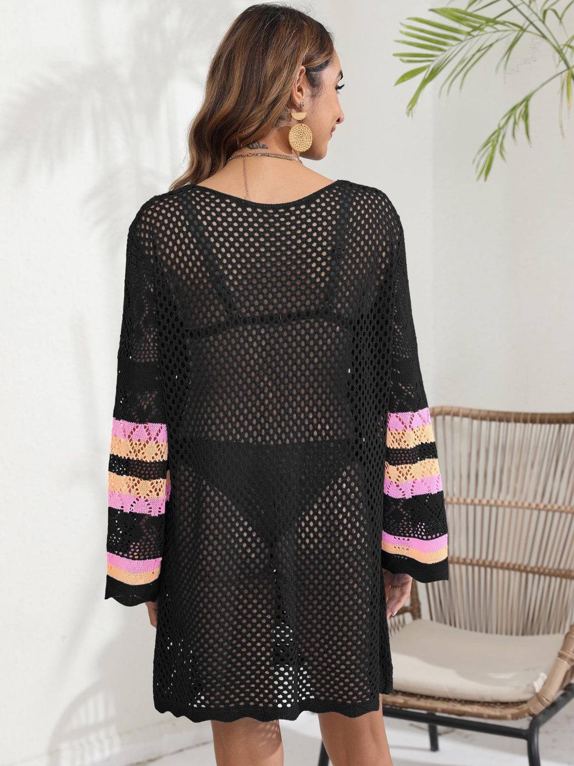 Openwork Contrast Long Sleeve Cover-Up - Sosea Swimwear