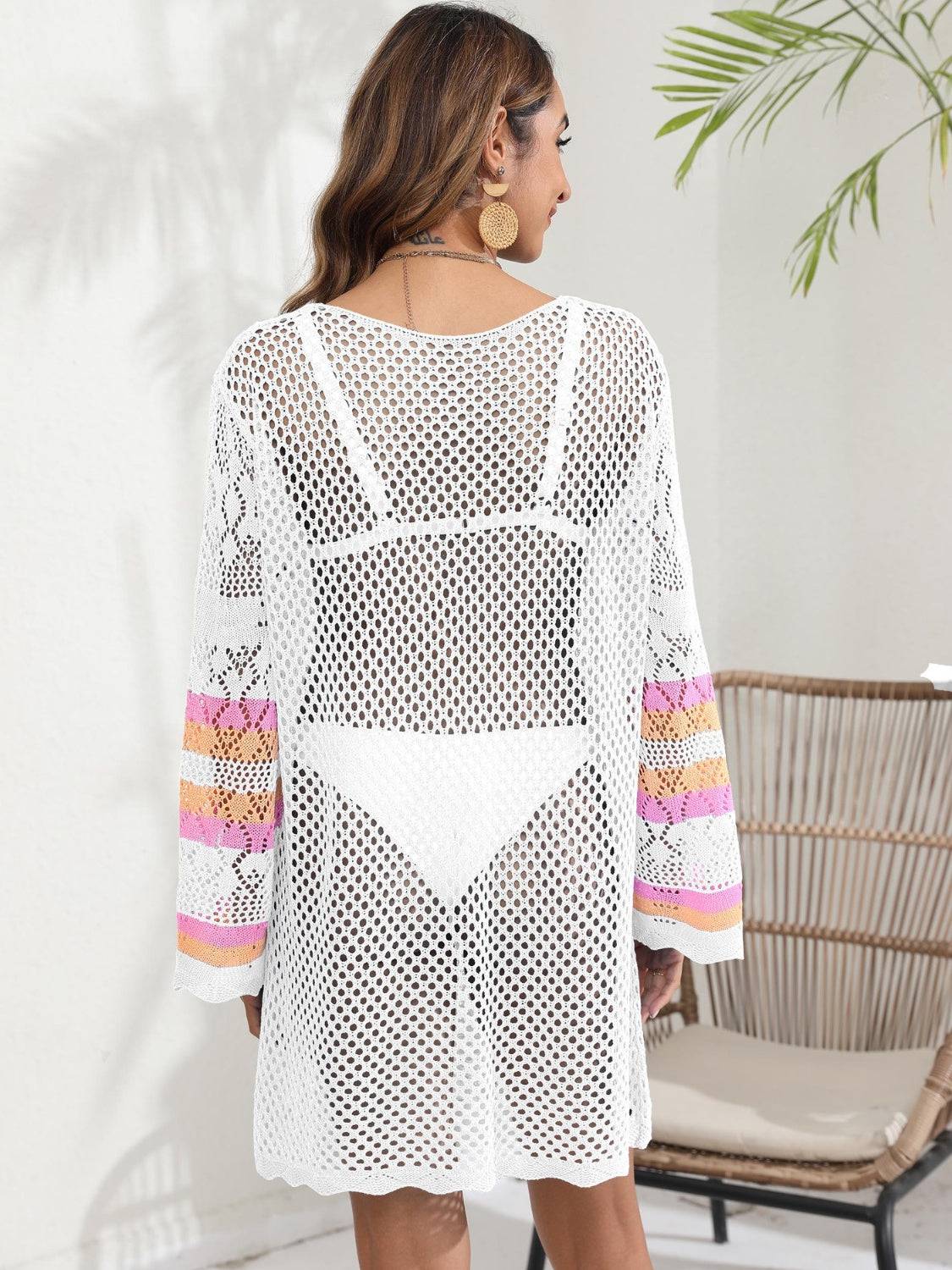 Openwork Contrast Long Sleeve Cover-Up - Sosea Swimwear