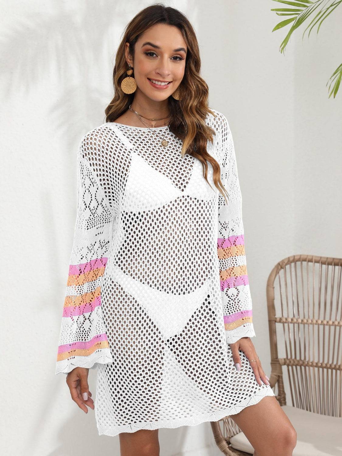 Openwork Contrast Long Sleeve Cover-Up - Sosea Swimwear