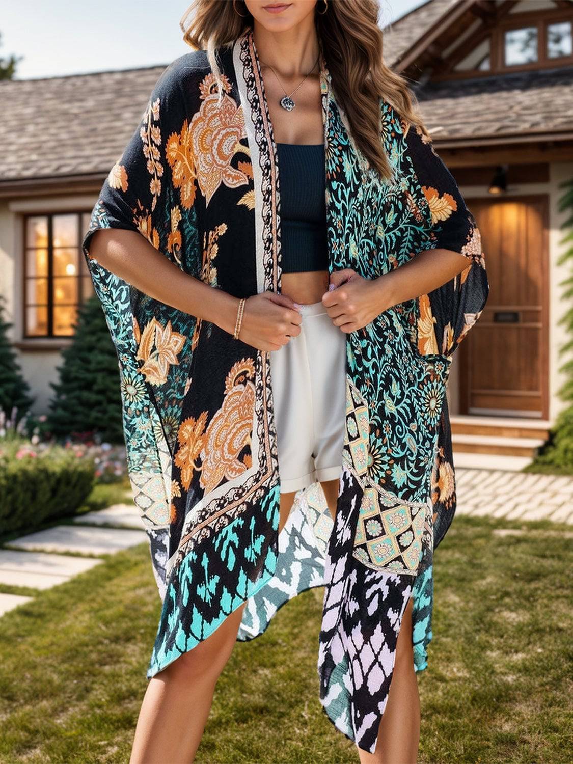 Printed Open Front Cover-Up - Sosea Swimwear