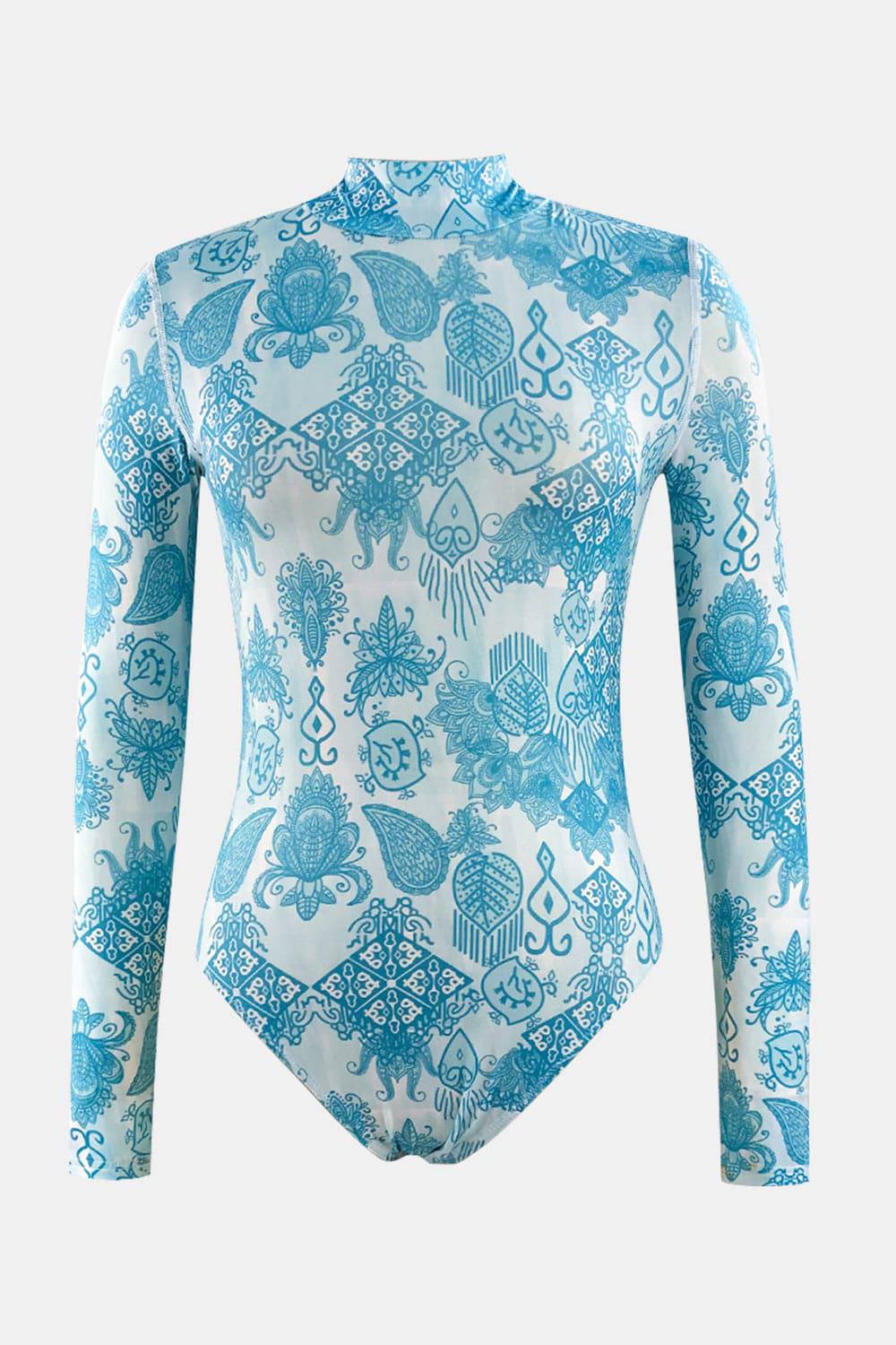 Printed Mock Neck Long Sleeve One-Piece Swimwear - Sosea Swimwear