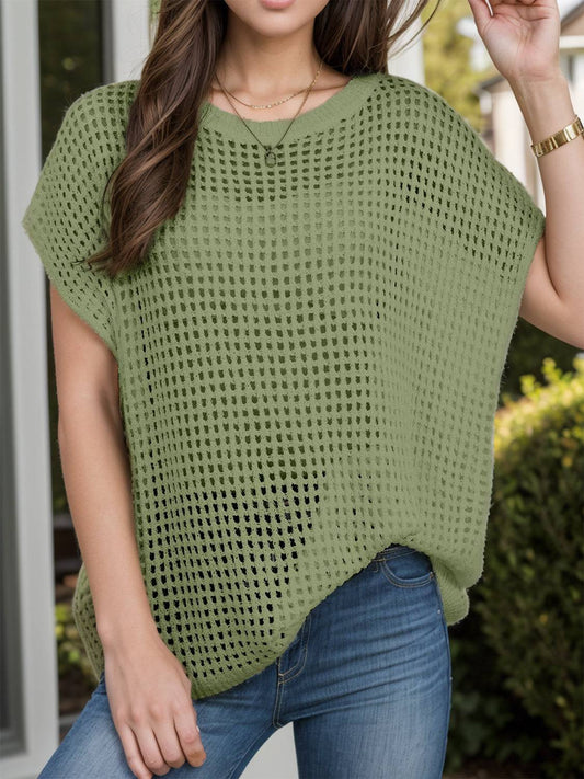 Openwork Round Neck Short Sleeve Cover-Up - Sosea Swimwear