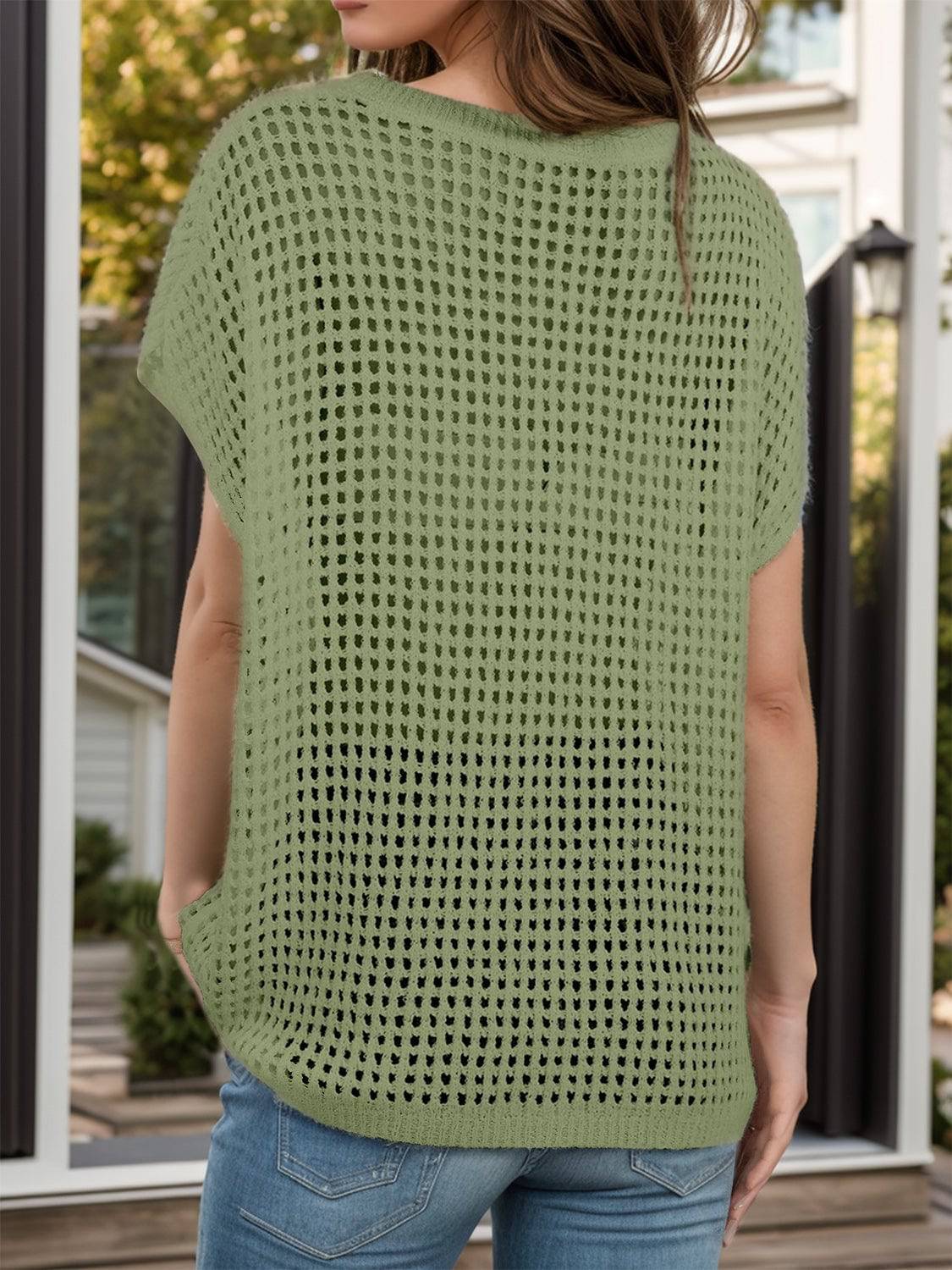 Openwork Round Neck Short Sleeve Cover-Up - Sosea Swimwear