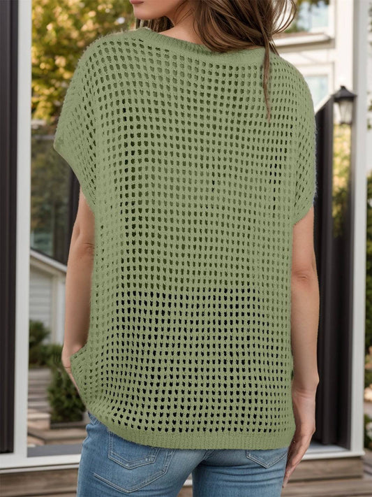 Openwork Round Neck Short Sleeve Cover-Up - Sosea Swimwear