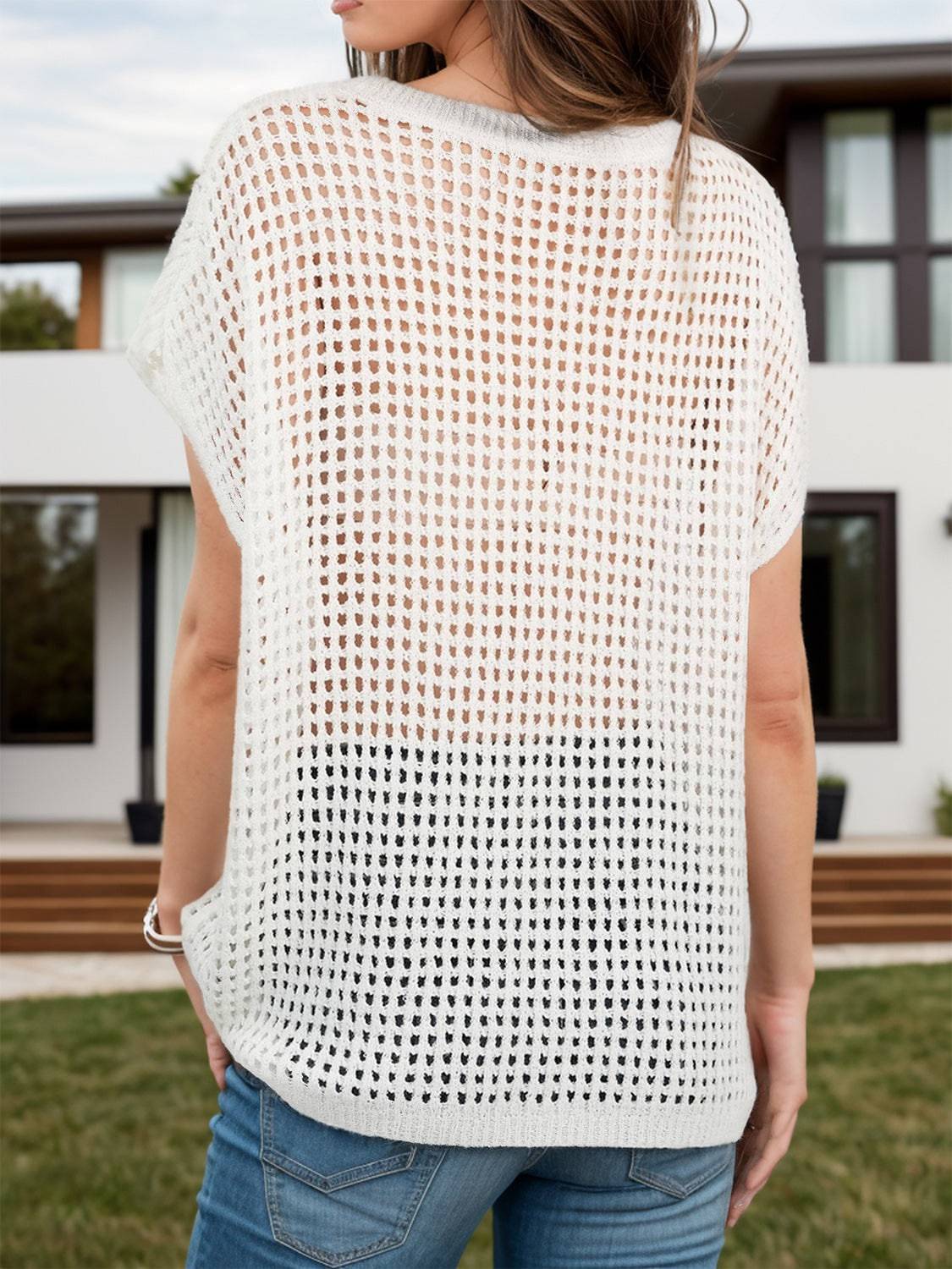 Openwork Round Neck Short Sleeve Cover-Up - Sosea Swimwear
