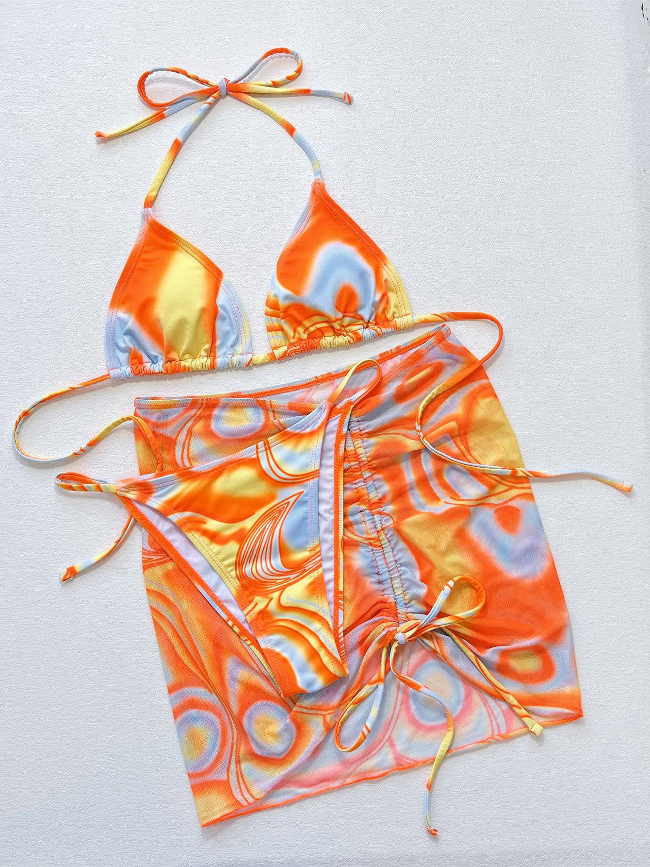 Multicolored Drawstring Ruched Three-Piece Swim Set - Sosea Swimwear