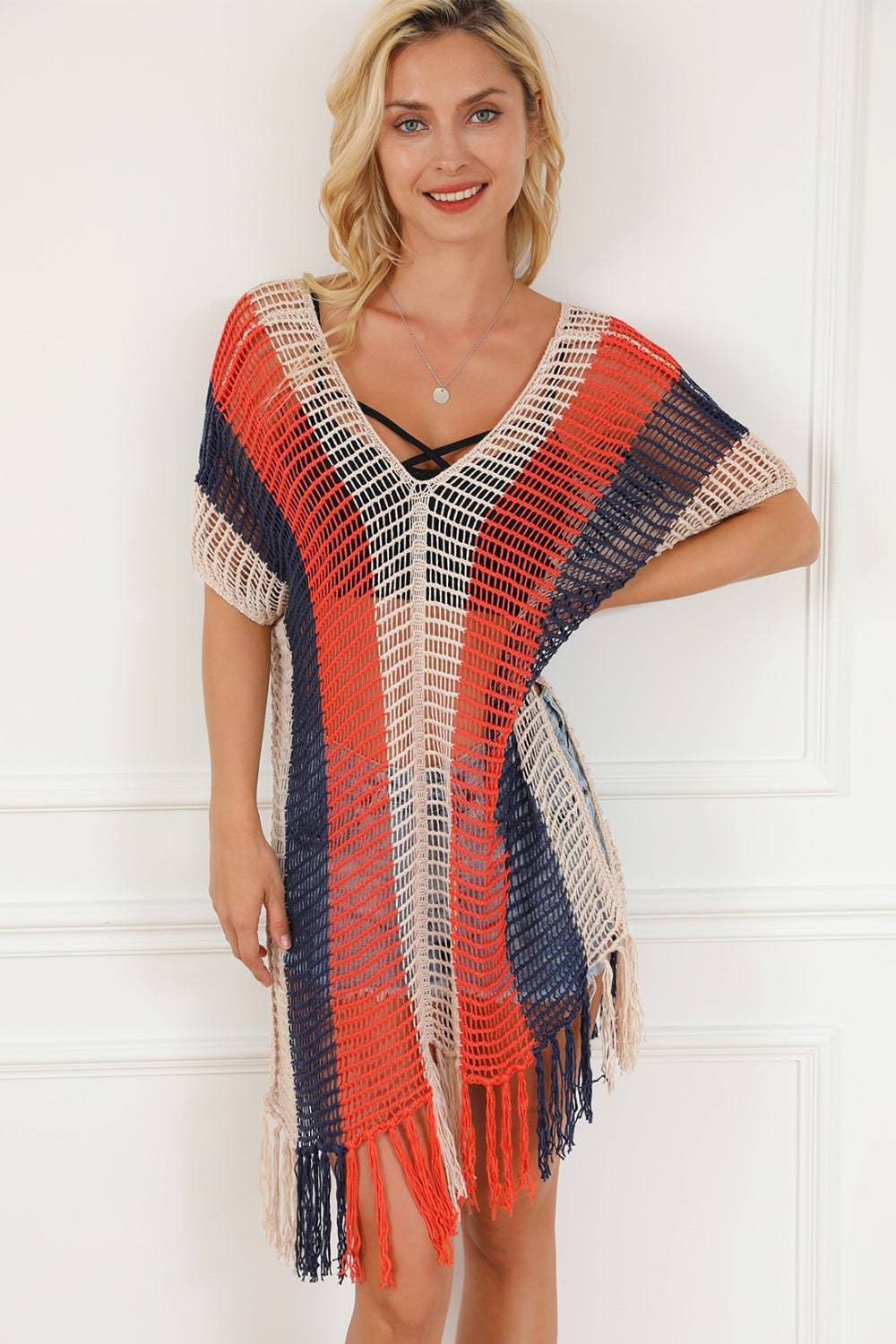 Tassel Color Block V-Neck Cover Up - Sosea Swimwear