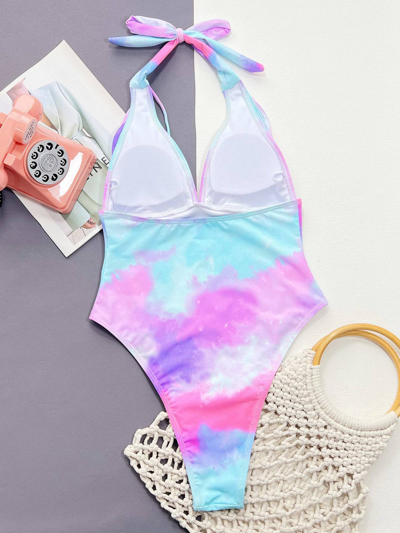 Tie-Dye Halter Neck One-Piece Swimsuit - Sosea Swimwear