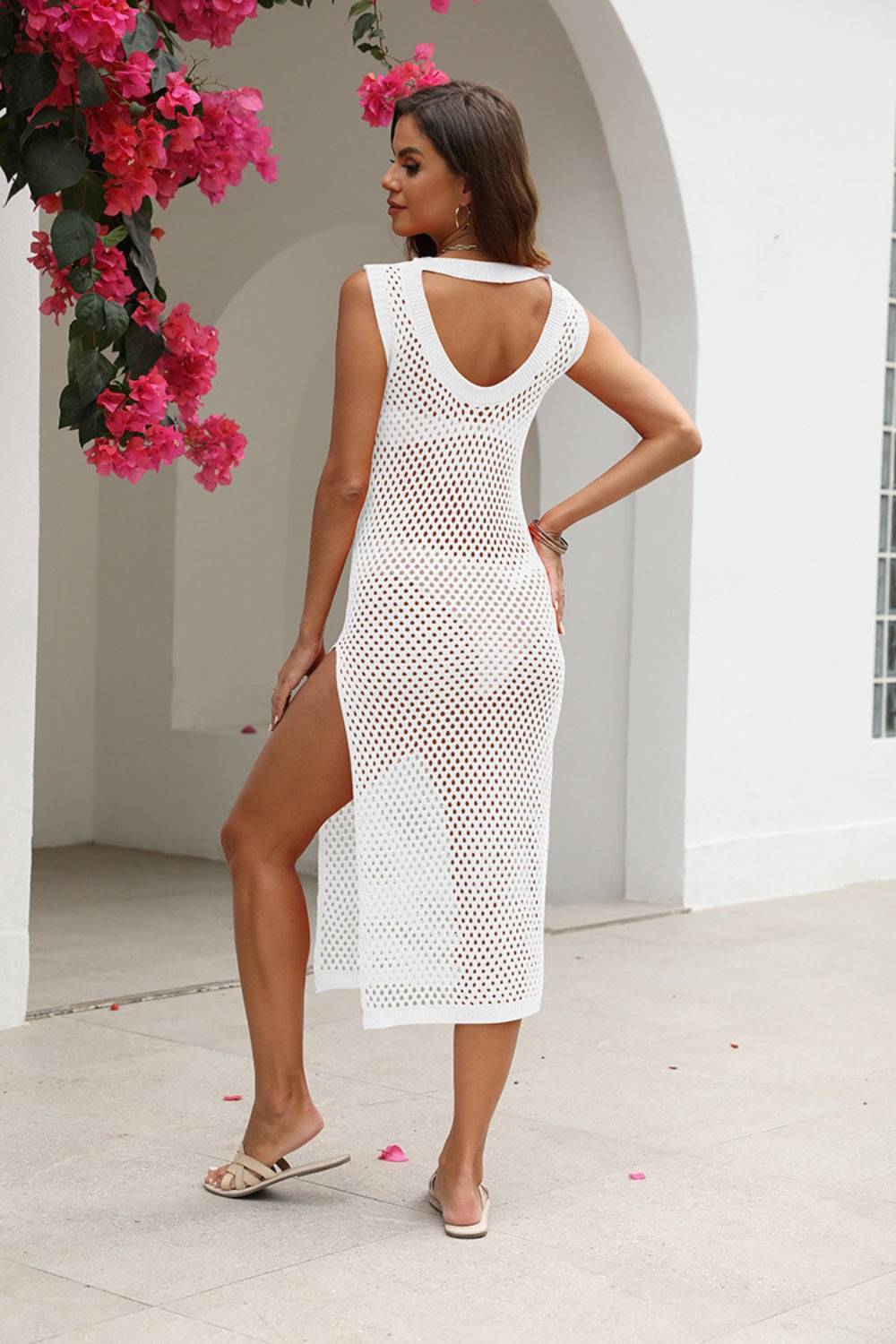 Cutout Openwork Round Neck Sleeveless Cover-Up - Sosea Swimwear