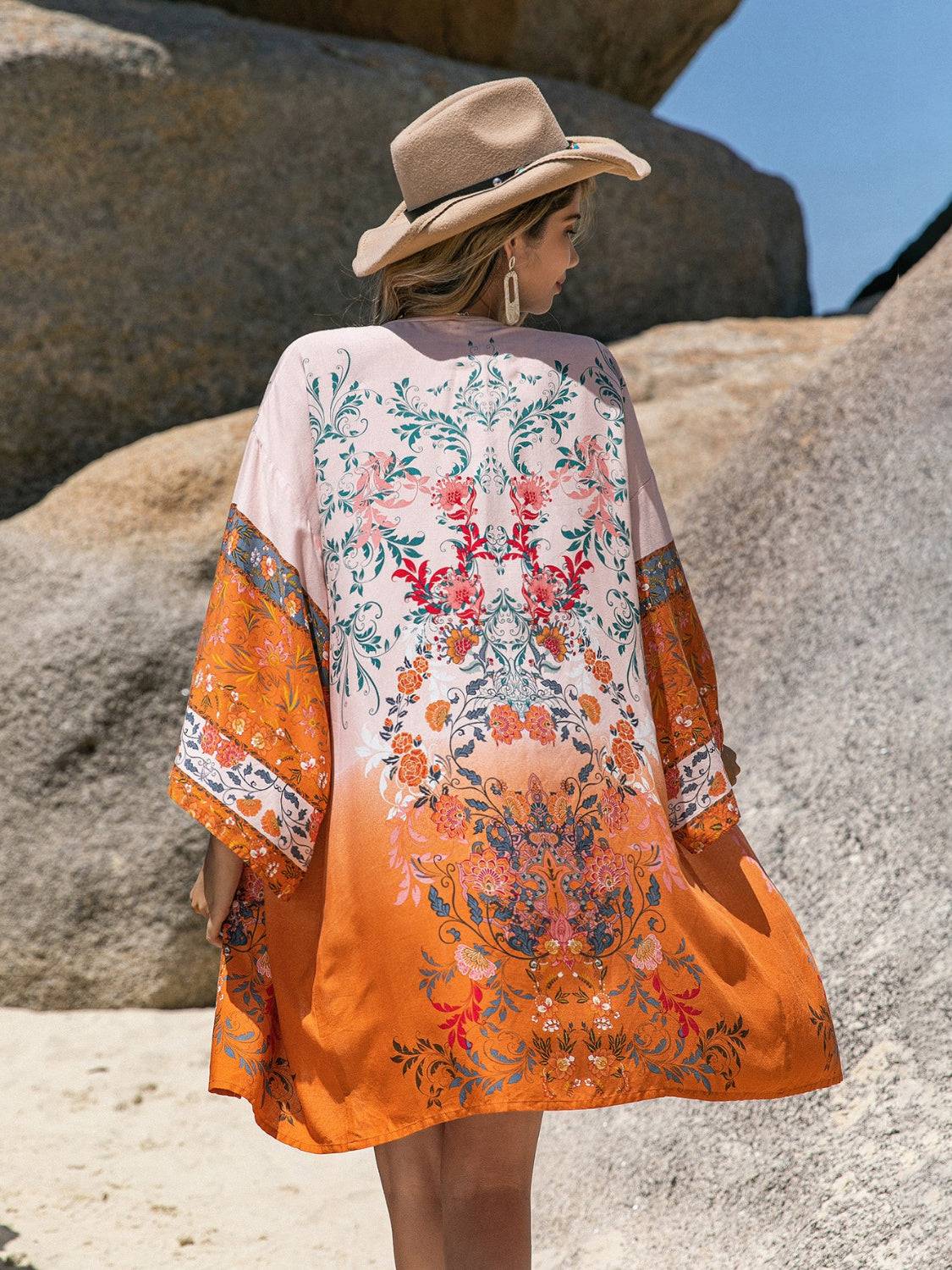 Printed Open Front Long Sleeve Cover-Up - Sosea Swimwear