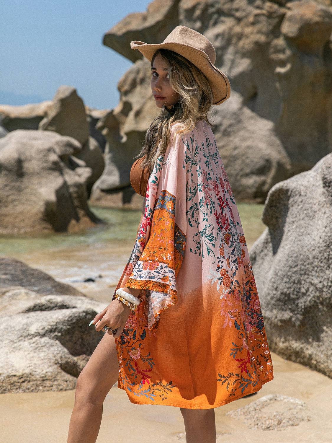 Printed Open Front Long Sleeve Cover-Up - Sosea Swimwear