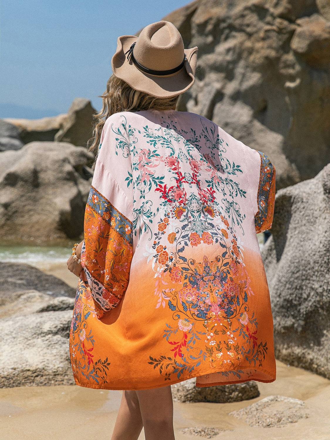 Printed Open Front Long Sleeve Cover-Up - Sosea Swimwear