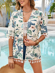 Tassel Printed Open Front Half Sleeve Cover-Up - Sosea Swimwear