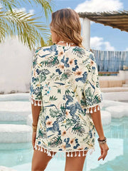 Tassel Printed Open Front Half Sleeve Cover-Up - Sosea Swimwear