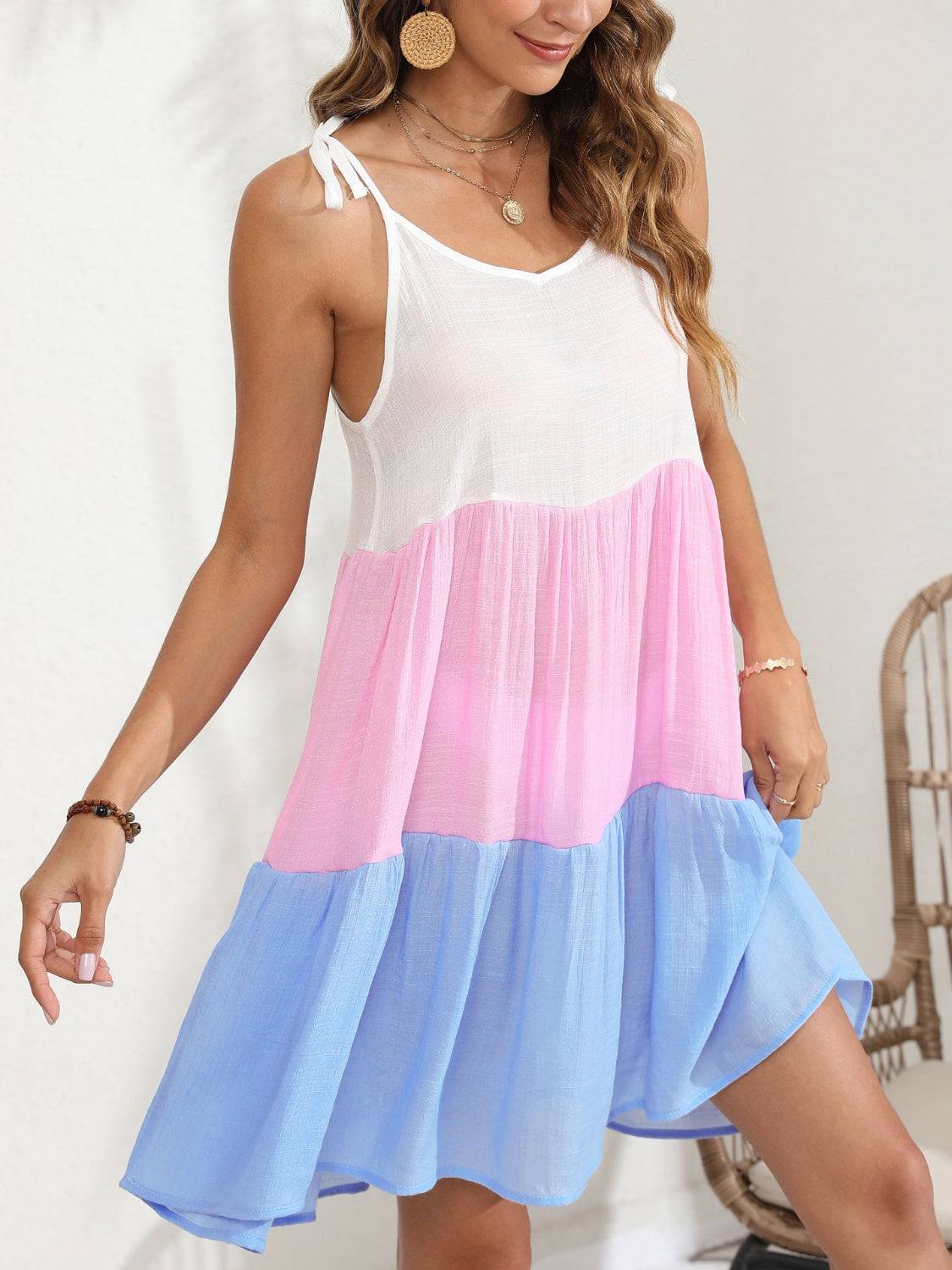 Color Block Spaghetti Strap Cover-Up Dress - Sosea Swimwear