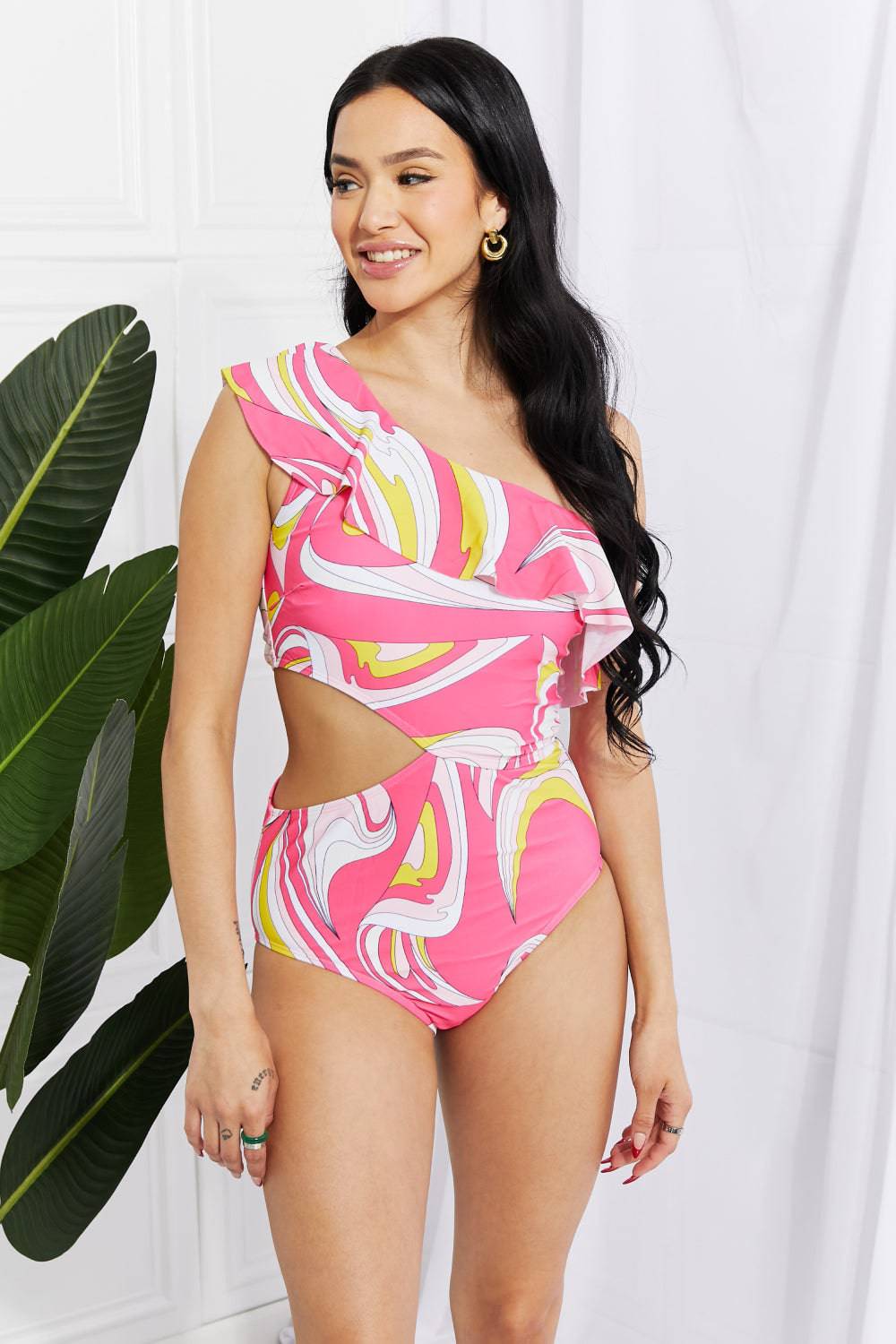 Marina West Swim Vitamin C Asymmetric Cutout Ruffle Swimsuit in Pink - Sosea Swimwear