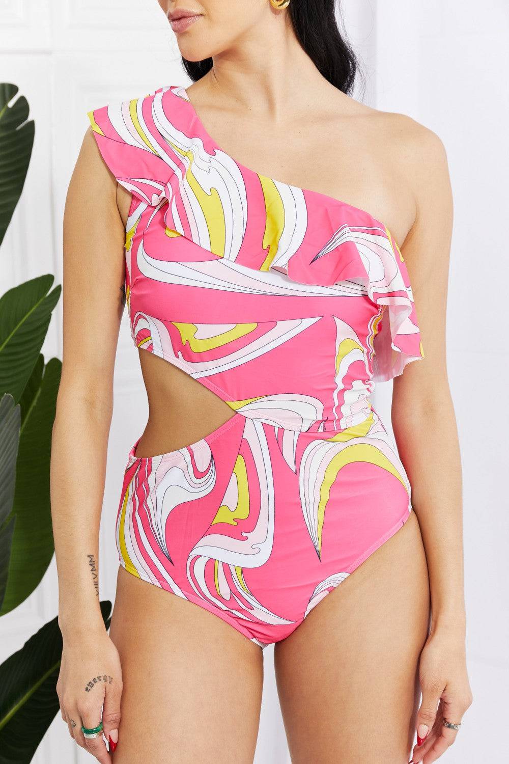 Marina West Swim Vitamin C Asymmetric Cutout Ruffle Swimsuit in Pink - Sosea Swimwear