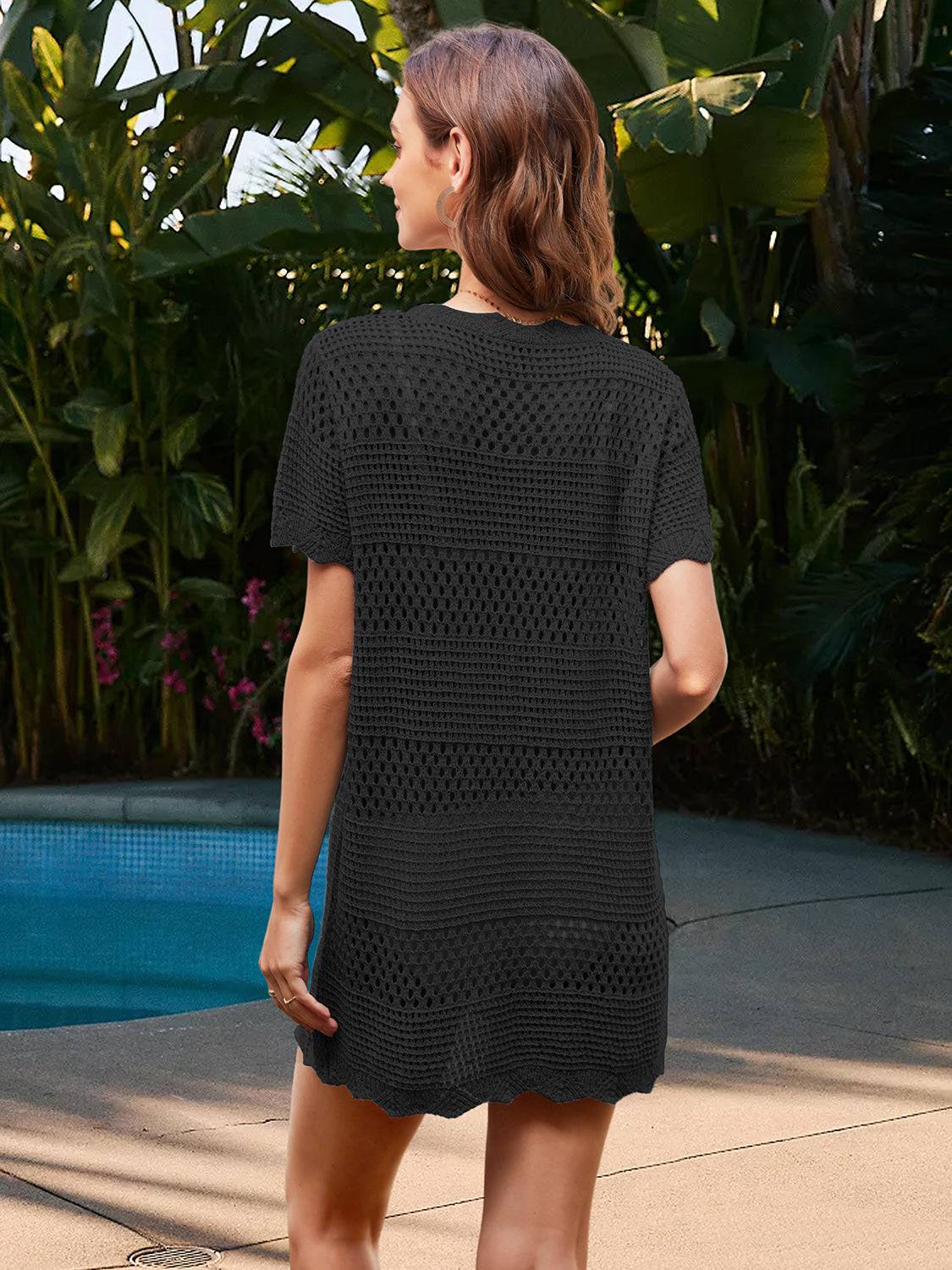 Openwork Round Neck Short Sleeve Cover-UP - Sosea Swimwear