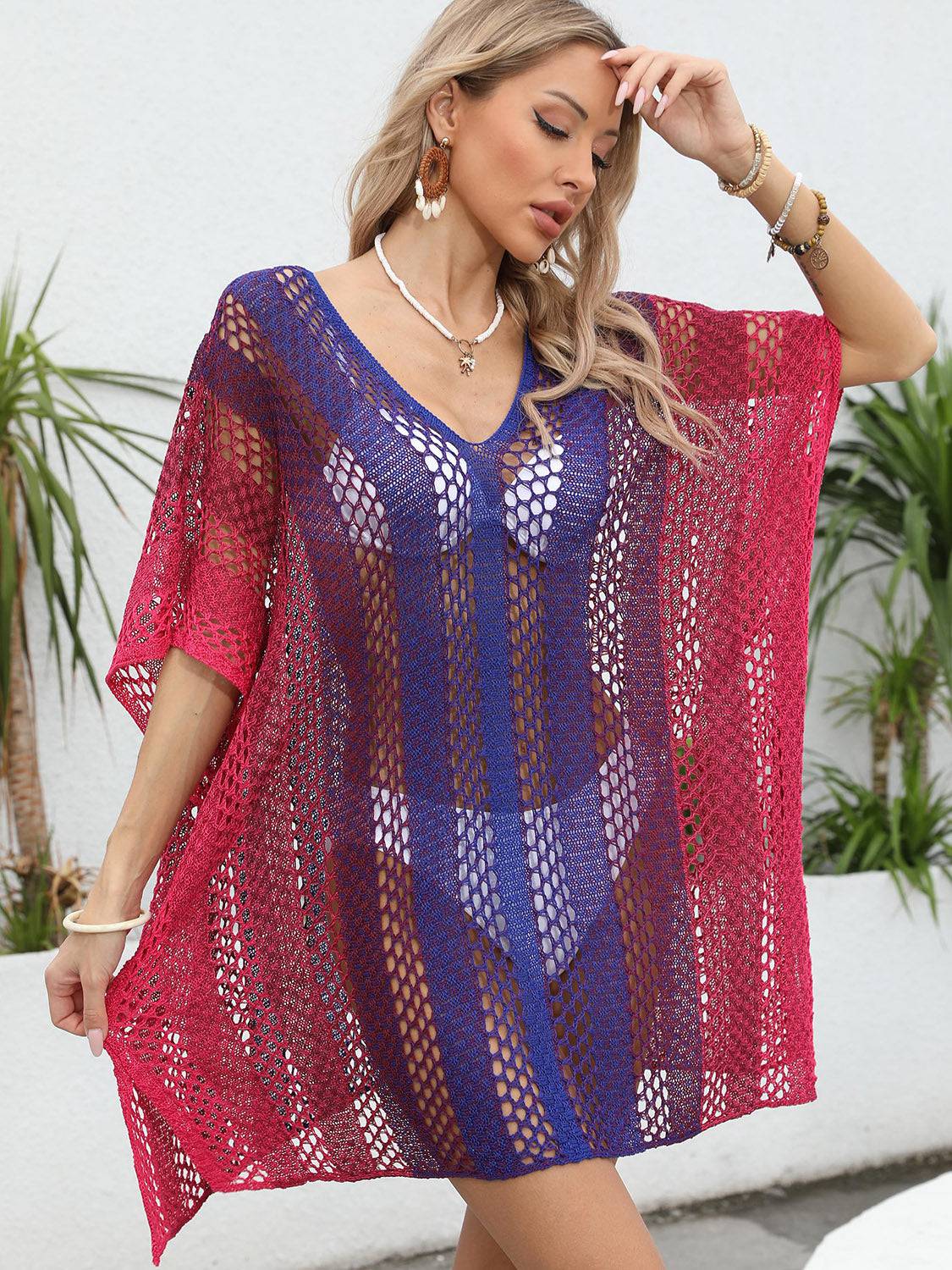 Openwork Contrast V-Neck Cover-Up - Sosea Swimwear