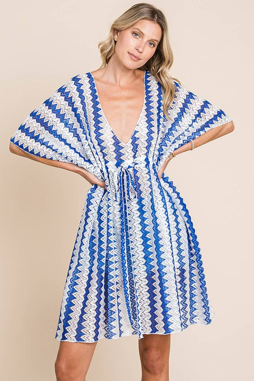 Cotton Bleu by Nu Lab Tied Striped Plunge Half Sleeve Cover-Up - Sosea Swimwear