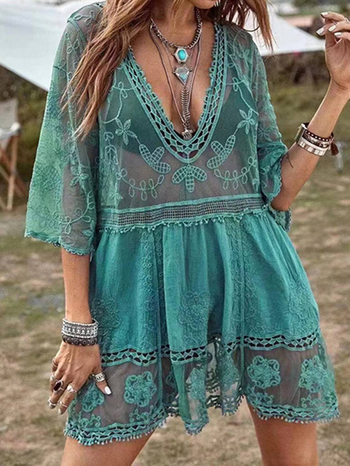 Lace Detail Plunge Cover-Up Dress - Sosea Swimwear