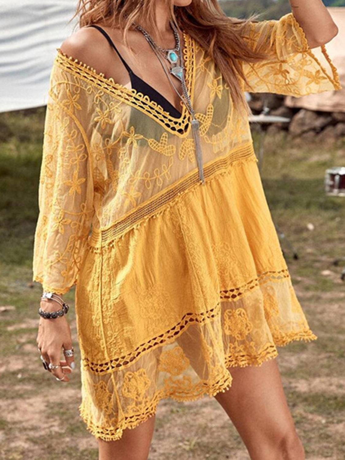 Lace Detail Plunge Cover-Up Dress - Sosea Swimwear