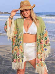 Plus Size Fringe Open Front Cover-Up - Sosea Swimwear