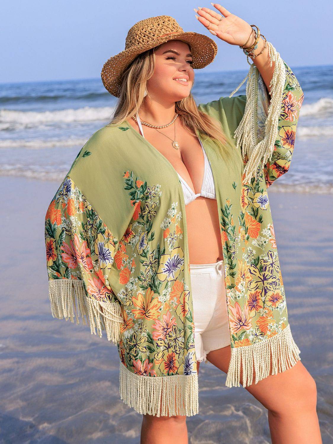 Plus Size Fringe Open Front Cover-Up - Sosea Swimwear