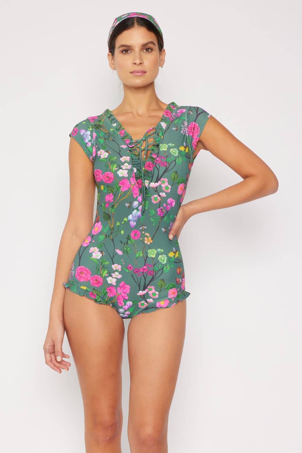 Marina West Swim Bring Me Flowers V-Neck One Piece Swimsuit In Sage - Sosea Swimwear