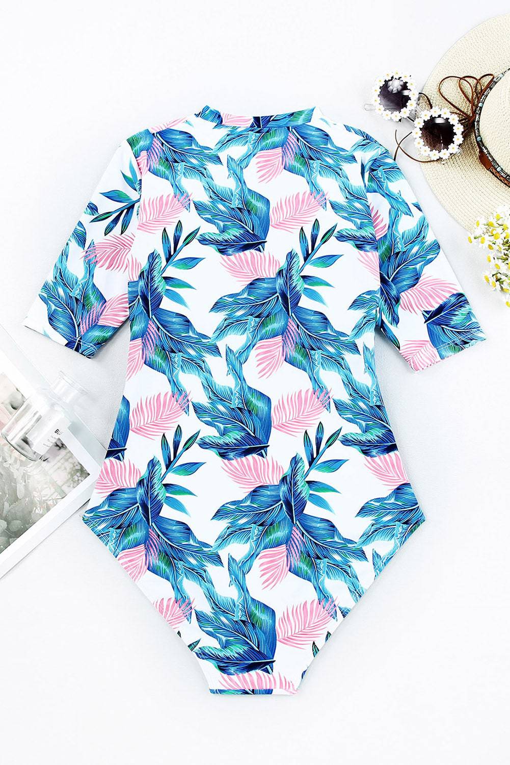 Printed Notched Half Sleeve One-Piece Swimwear - Sosea Swimwear