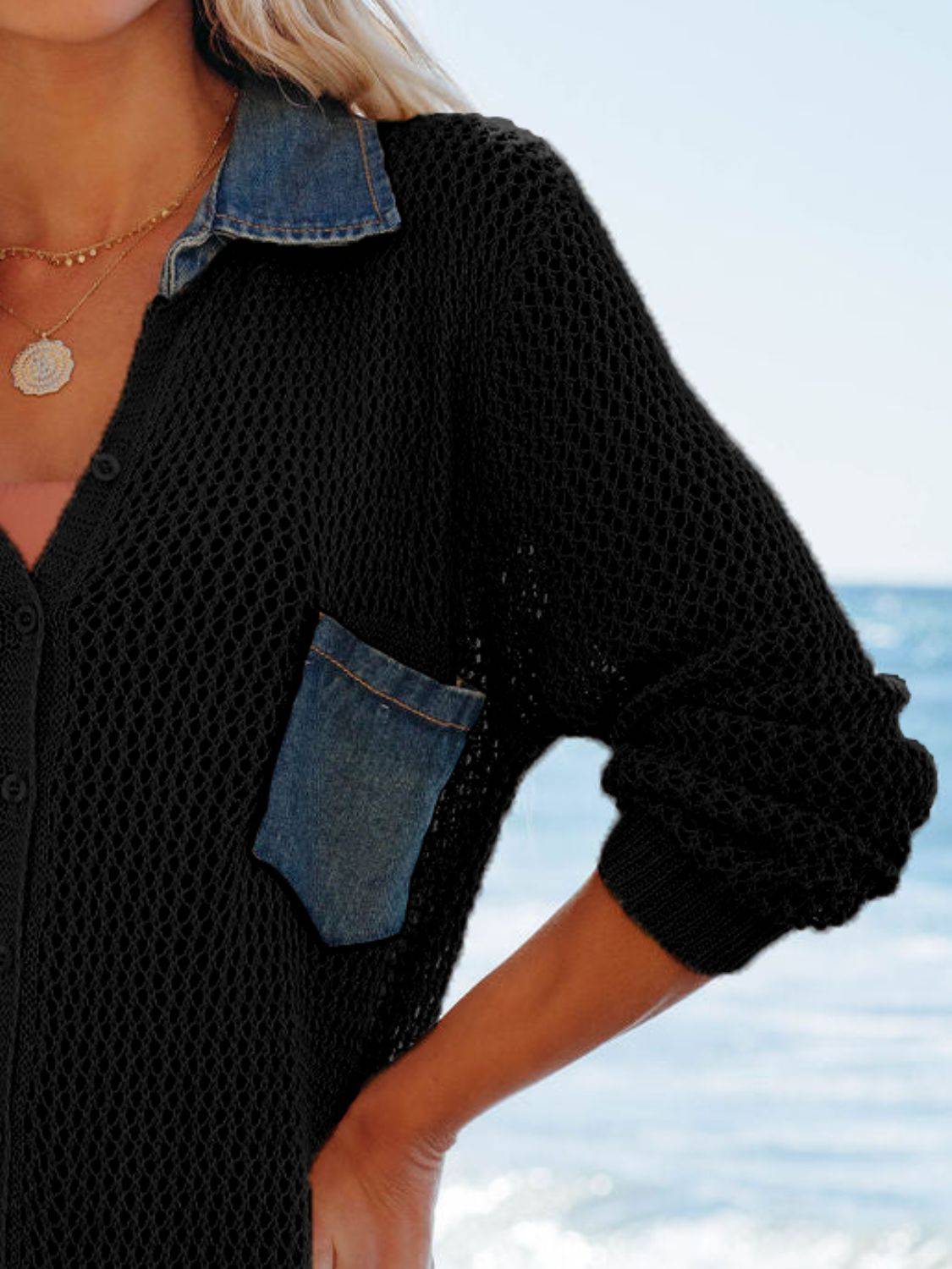 Side Slit Openwork Collared Neck Cover-Up - Sosea Swimwear