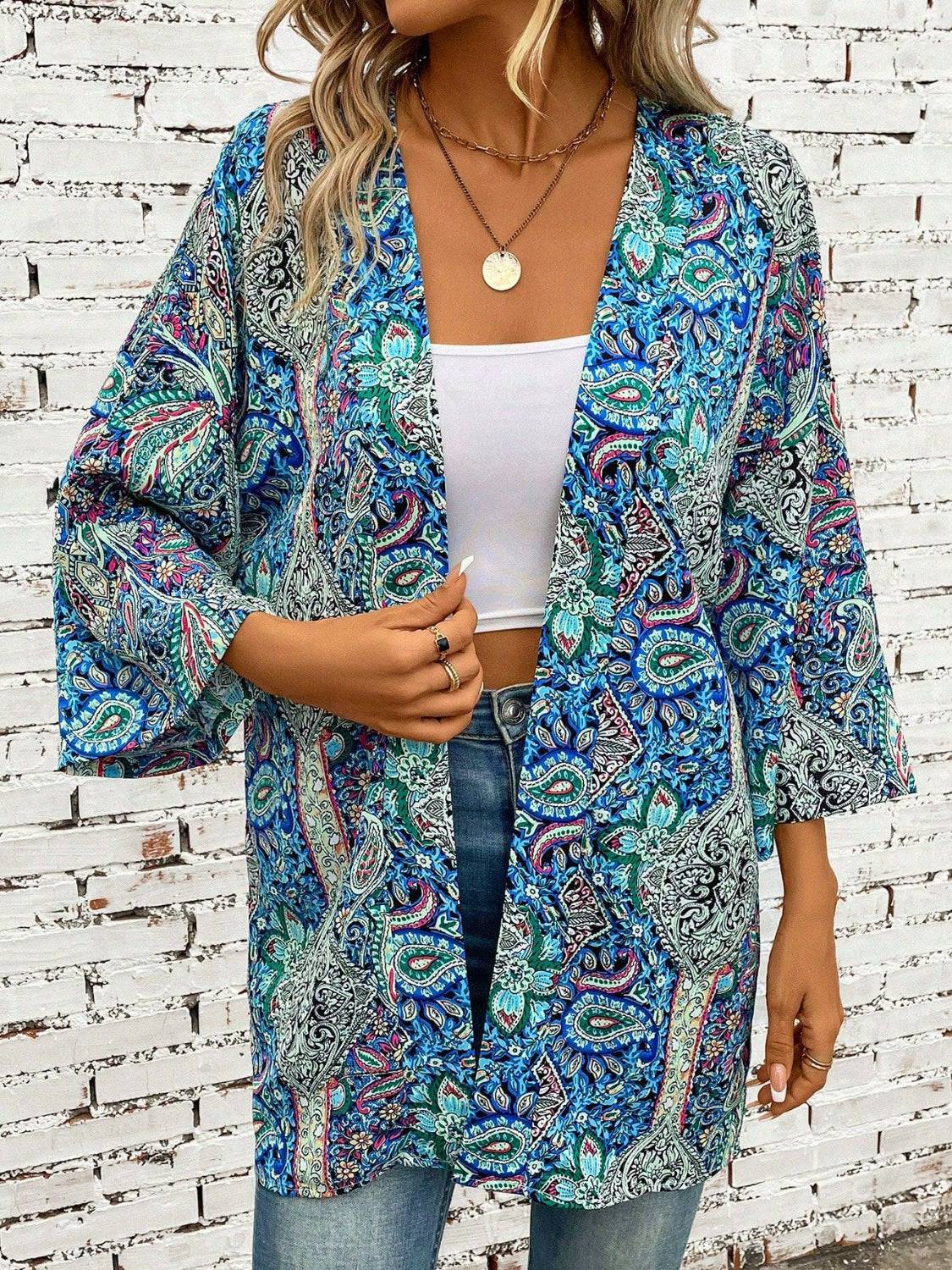 Printed Open Front Three-Quarter Sleeve Cover Up - Sosea Swimwear