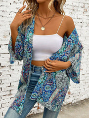 Printed Open Front Three-Quarter Sleeve Cover Up - Sosea Swimwear