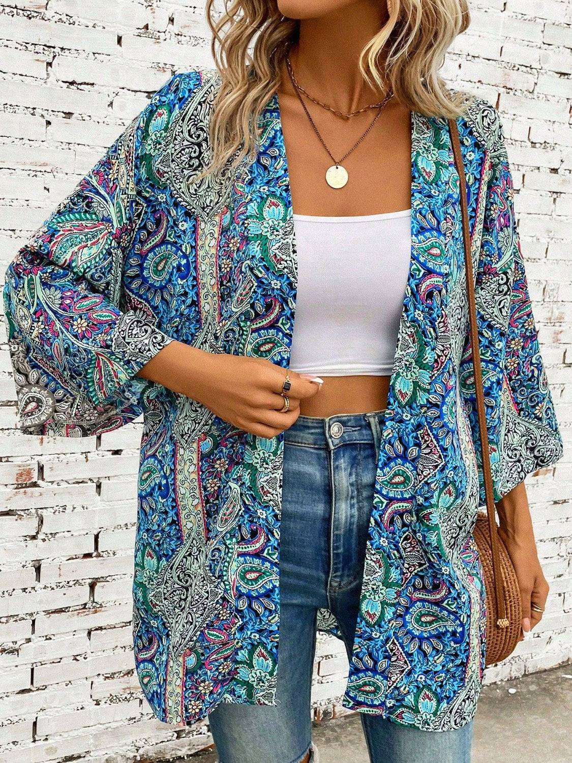 Printed Open Front Three-Quarter Sleeve Cover Up - Sosea Swimwear