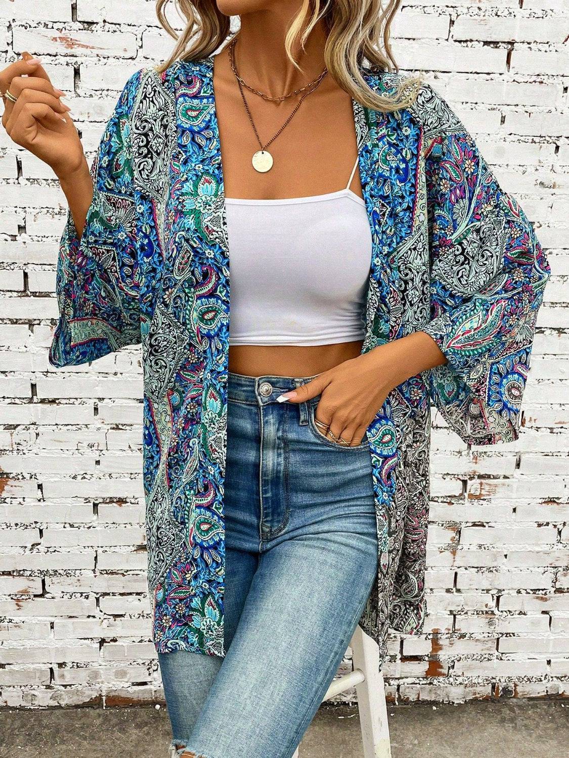 Printed Open Front Three-Quarter Sleeve Cover Up - Sosea Swimwear