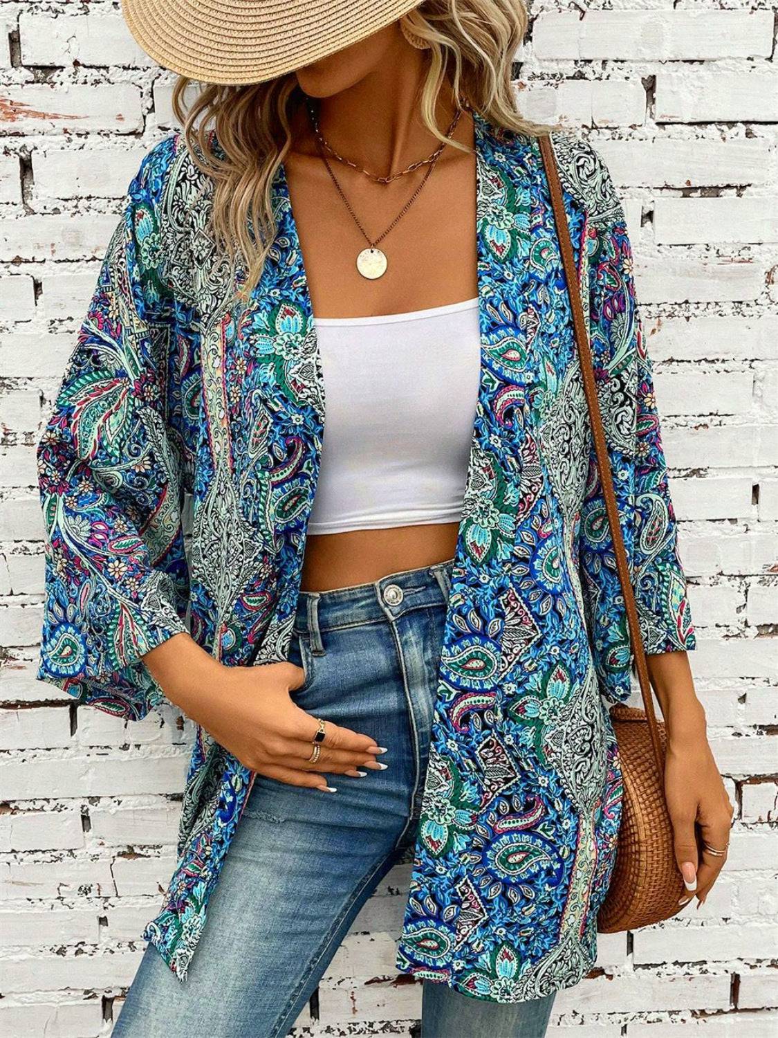 Printed Open Front Three-Quarter Sleeve Cover Up - Sosea Swimwear