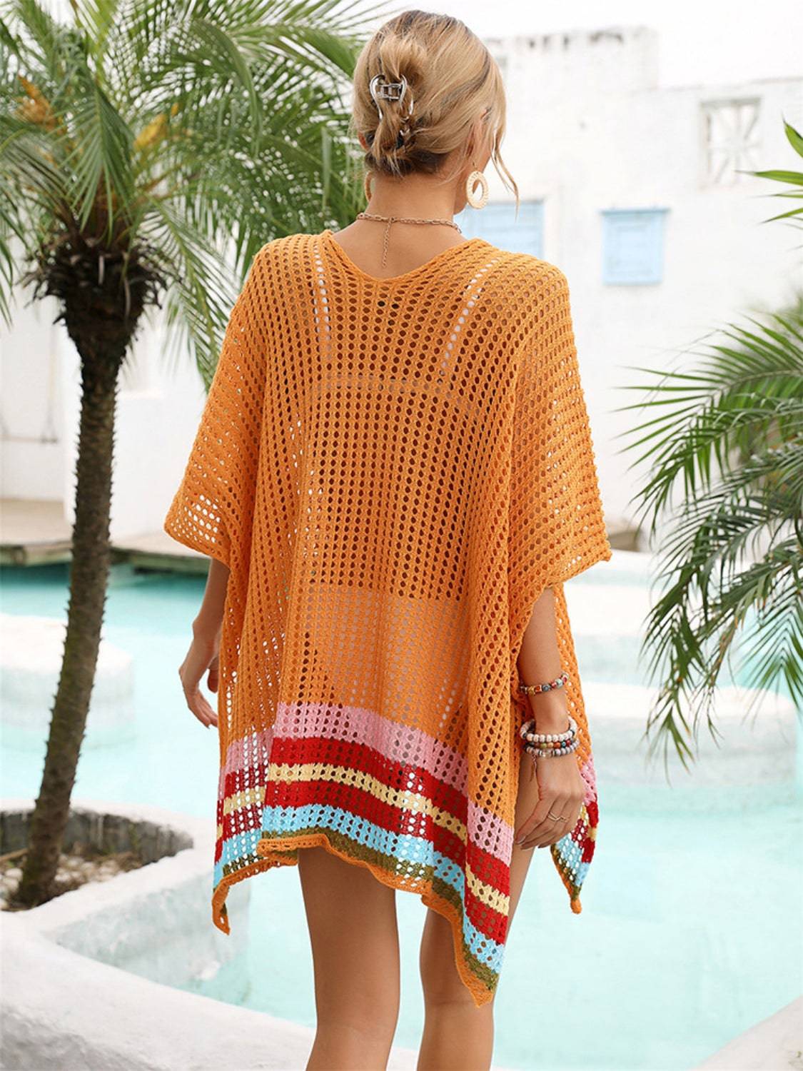 Slit Openwork V-Neck Half Sleeve Cover-Up - Sosea Swimwear