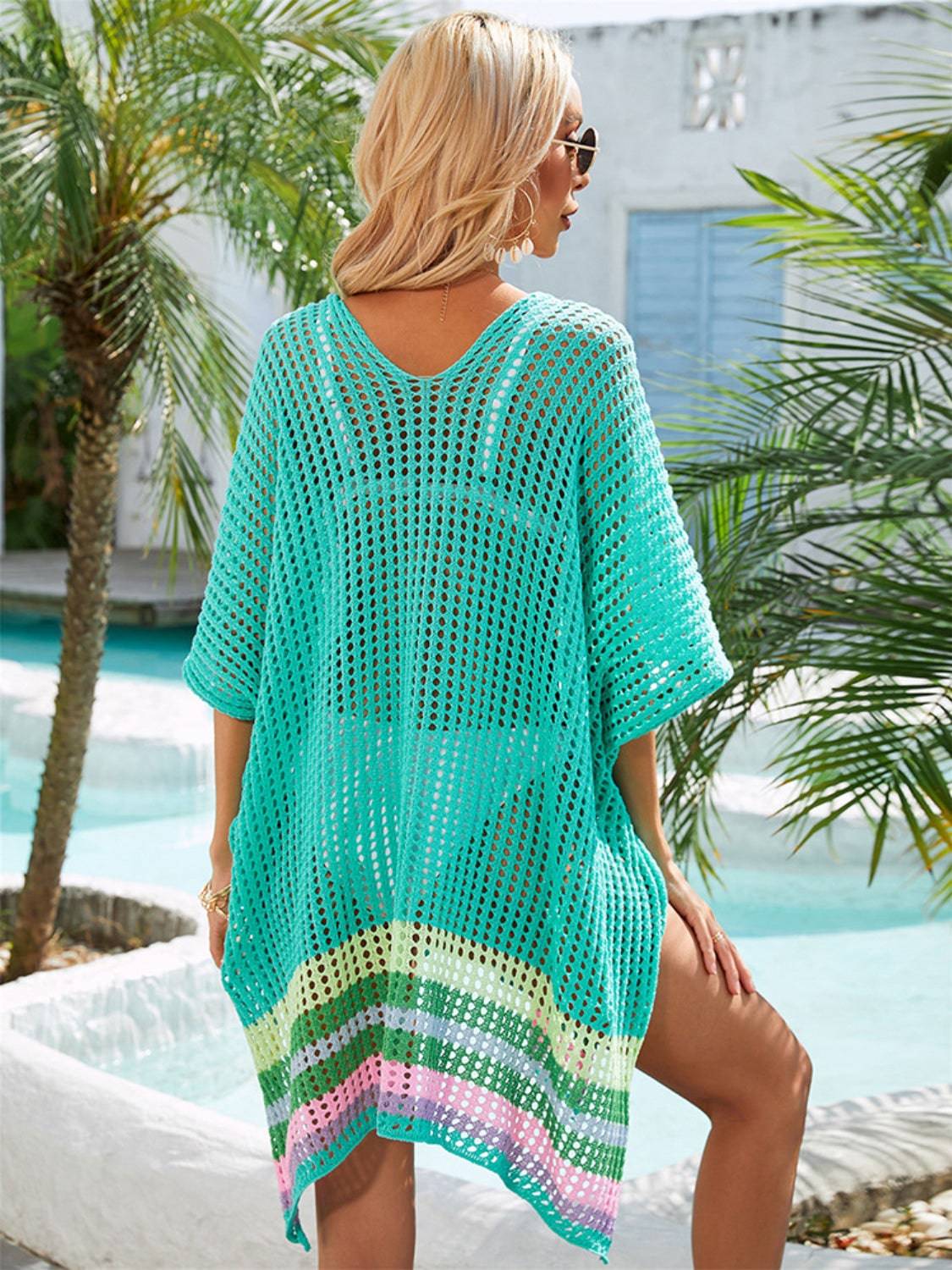 Slit Openwork V-Neck Half Sleeve Cover-Up - Sosea Swimwear