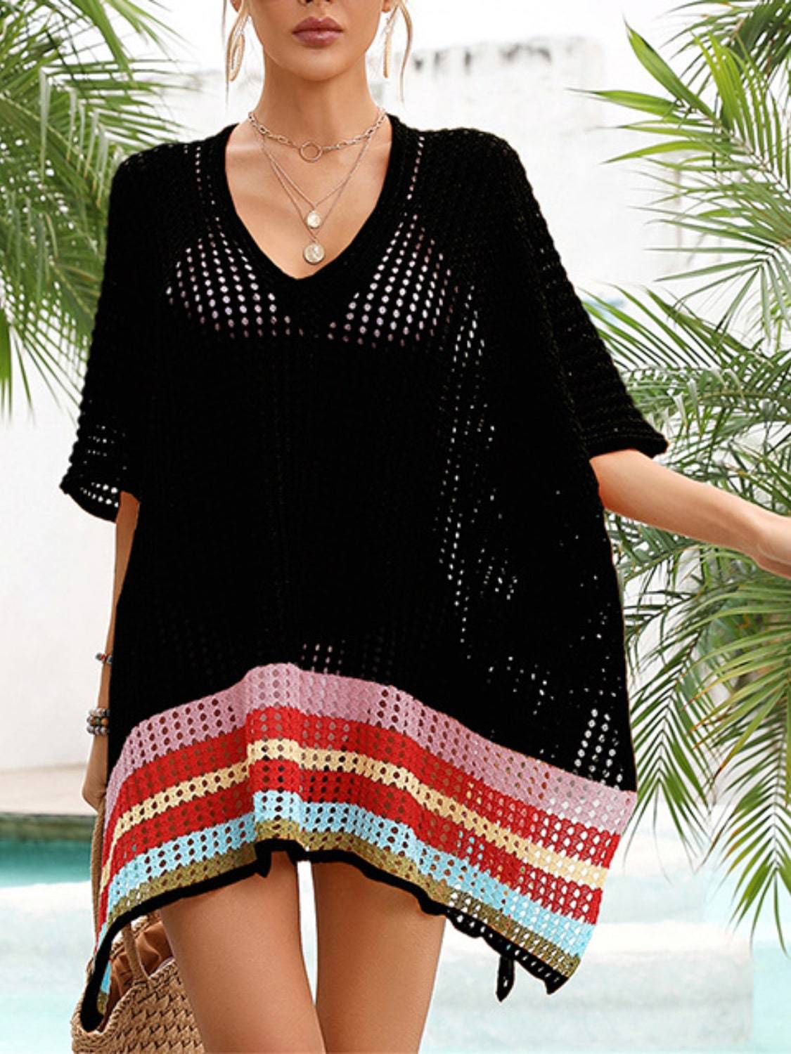 Slit Openwork V-Neck Half Sleeve Cover-Up - Sosea Swimwear