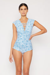 Marina West Swim Bring Me Flowers V-Neck One Piece Swimsuit In Thistle Blue - Sosea Swimwear