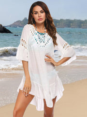 Backless Cutout Three-Quarter Sleeve Cover Up - Sosea Swimwear