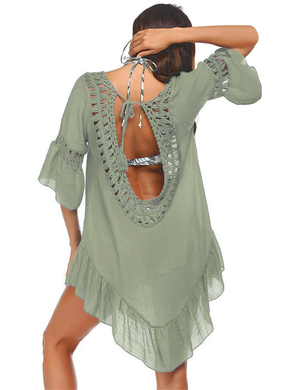 Backless Cutout Three-Quarter Sleeve Cover Up - Sosea Swimwear