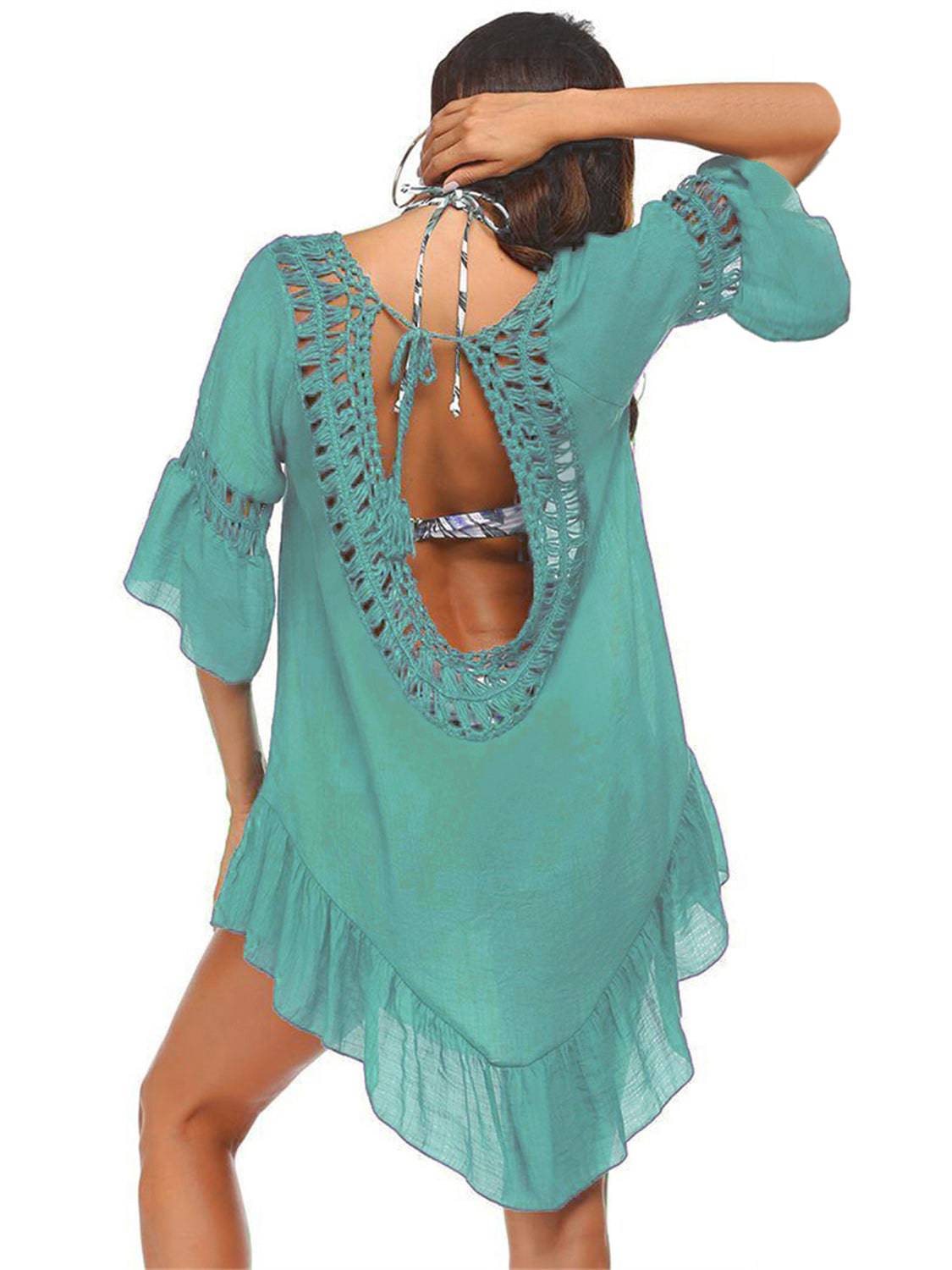 Backless Cutout Three-Quarter Sleeve Cover Up - Sosea Swimwear